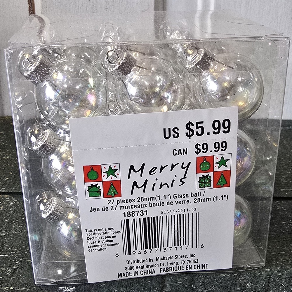 1 Box‎ of 27 - 1" MINI Clear Iridescent Glass BALL ORNAMENTS Christmas NEW